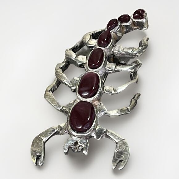 Vintage Native American Sterling Silver Red Coral Scorpion Pin Brooch Signed - Picture 1 of 13